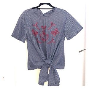 Blue and white checkerboard front tie shirt